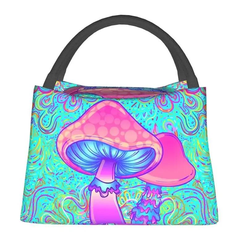 Mushroom Trippy Psychedelic Neon Pastel Goth Insulated Lunch Bags Leakproof Cooler Thermal Lunch Box Beach Camping Travel