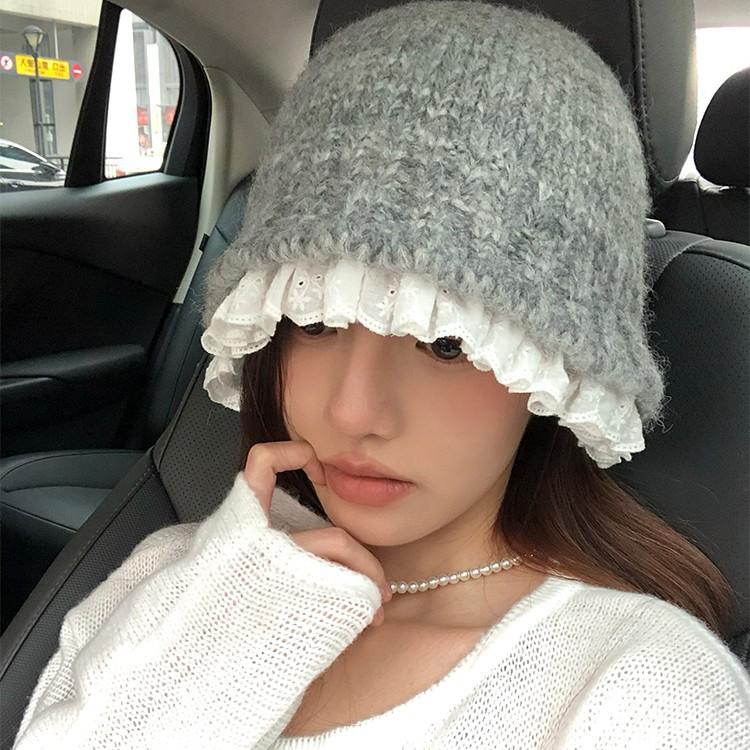 Lace lace bucket hat autumn and winter warm knitted pot hat versatile face small sweet wool hat women