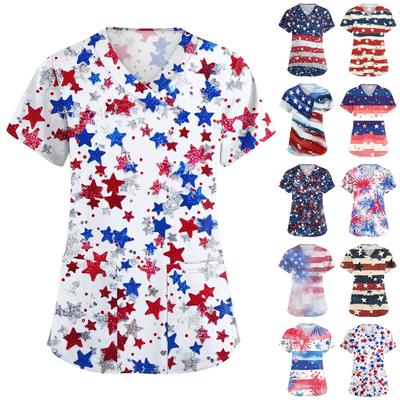 Women's Short Sleeve Independence Day Printed V-Neck Pocket Workwear Top