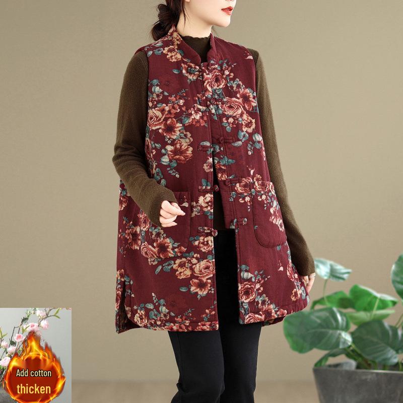 Retro Chinese Stand Collar Frog Button Printed Padded Vest - Winter 2026 Mid-Length Sleeveless Design XL