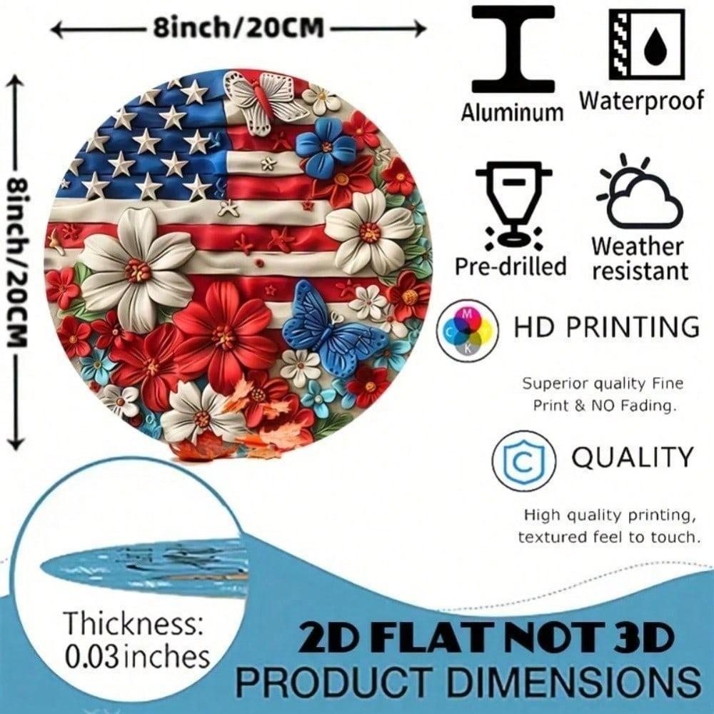 American Patriotic Metal Wall Art, Round Aluminum Flag Decor, Red White Blue Flowers Butterflies Stars, Vintage Home Sign