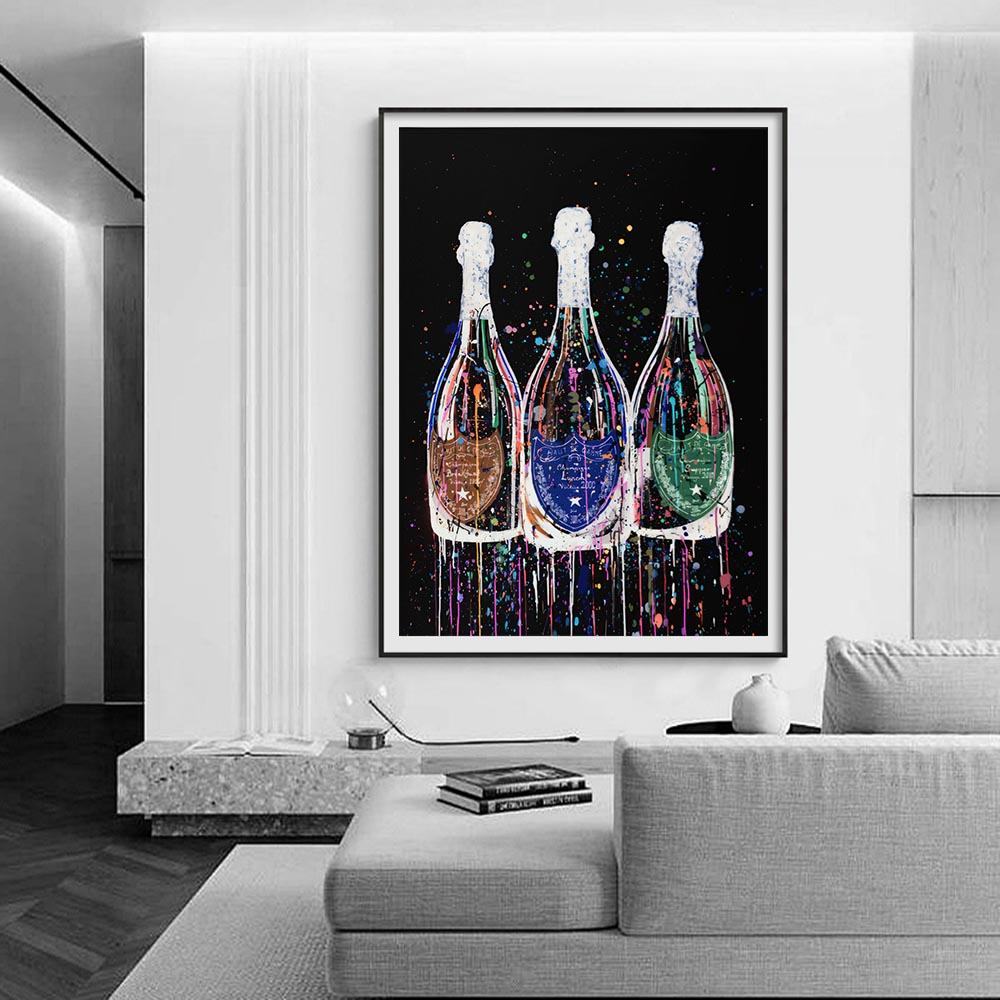 Champagne Bottle Posters and Prints Canvas Painting Colorful Pop Street Wall Art Pictures for Modern Home Living Room Decor