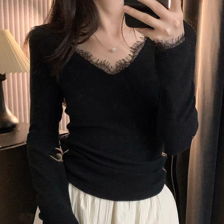 

Дизайнерские кружевные лоскутные V-образные воротники с длинным рукавом женские футболки сексуальные женские повседневные футболки для девочек топы для отдыха S