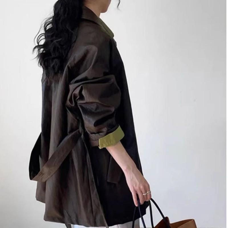 Womens Faux Leather Jacket Mid-Length Casual Lapel Fashion