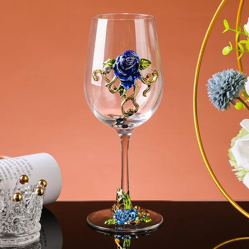 Luxury Crystal Enamel Goblet Glasses Vintage 3D Floral Decor Wine Glass Champagne Cup for Wedding Party Home Bar Home Party Gift