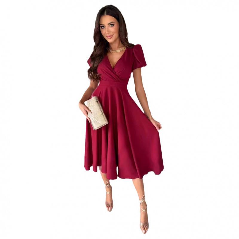 Summer 2025 Solid Color V-Neck Puff Sleeve Commuter Dress