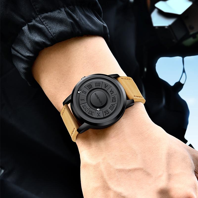 Fashion New Man Watch Creative Scrolling Pointer Magnetic Force Quartz Watch Genuine Leather Sport Men Watches Relogio Masculino