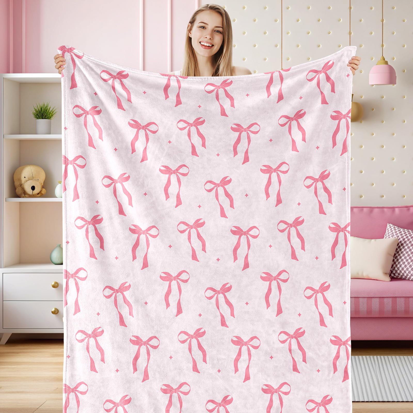 

Pink Bow Fuzzy Blanket Cute Bowknot Throw Blanket Bowtie Cozy Flannel Blanket for Valentines Day Home Bed Sofa Couch Chair 75x100cm (30x40inch)