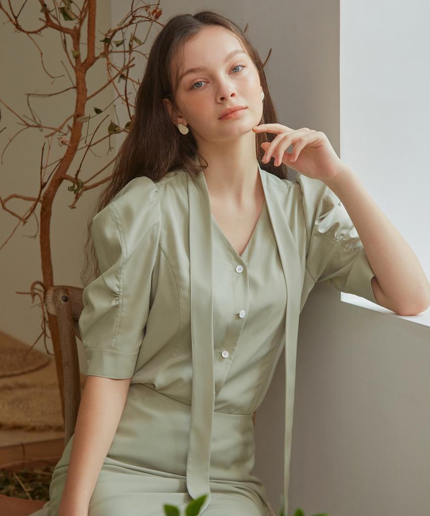 Pojitibeubaibeu Stella Bow Collar Shirt Blouse With Voluminous Short Sleeve Detail(Sage Green)