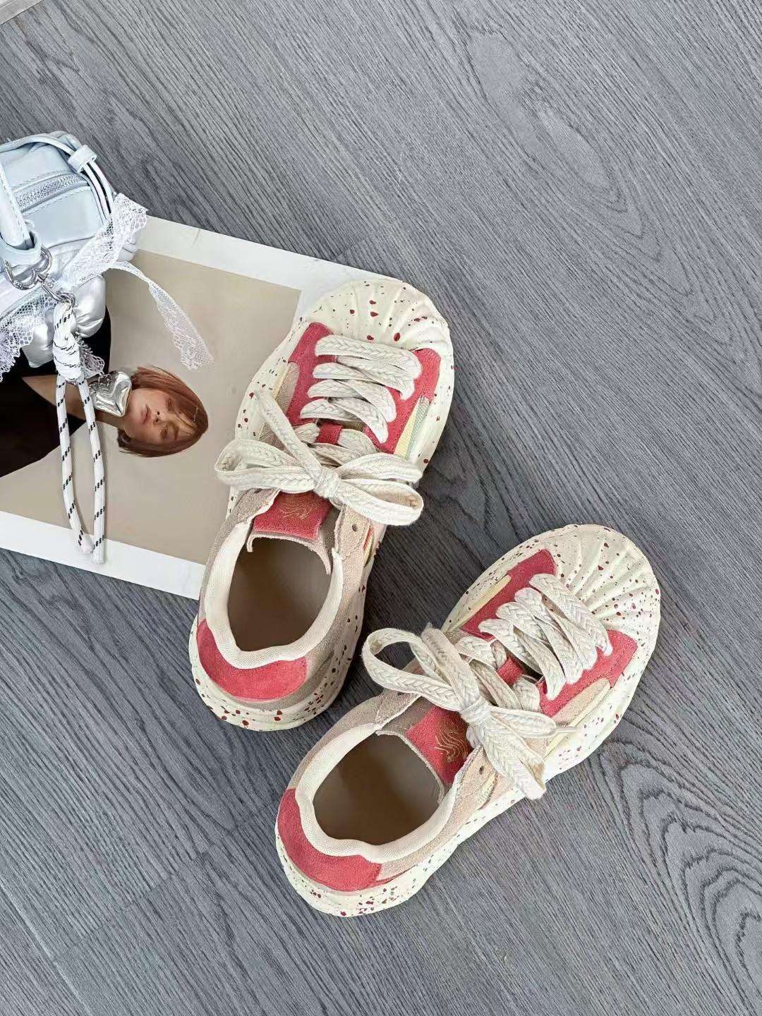 

Leather trendy shoes shell head thick sole casual niche splashing ink dissolving board shoes women s spring new models 35