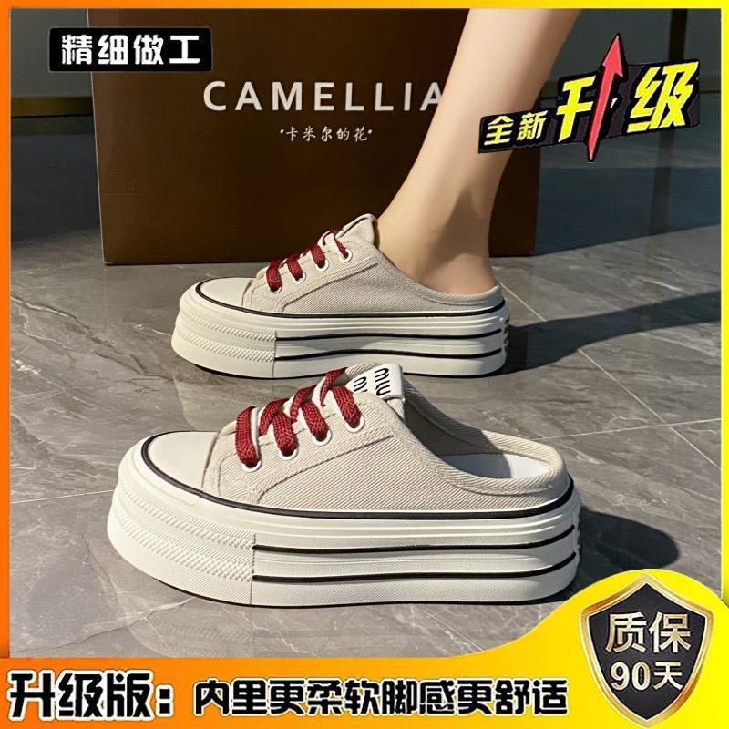 Thick-soled Bag Head Half Slippers Women's Outer Wear 2025 New Height Increase One Pedal Without Heel Muffin Canvas Single Shoes Versatile