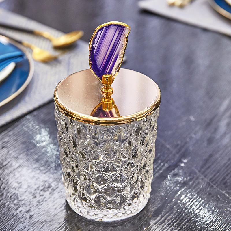 Glass Storage Jars Relief Tea Canister Candy Pot Natural Agate Stone Decorative Crystal Storage Jar with Cover Spice Organizer
