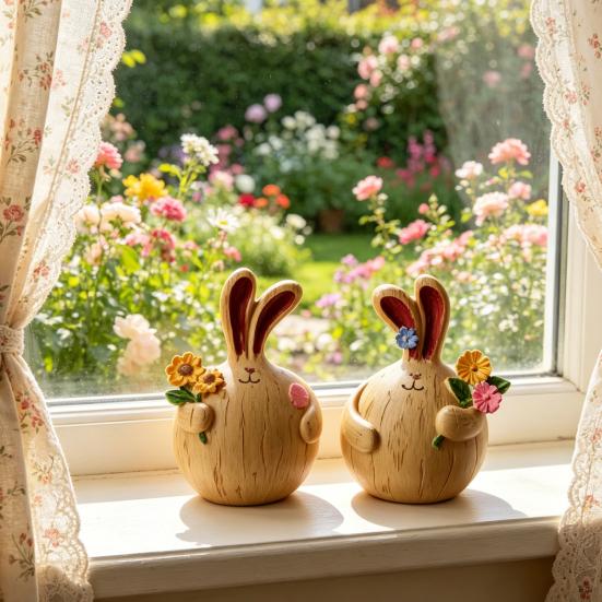 2 Pcs Easter Bunny Figurine Cute Round Garlic Bunny Statue Resin Rabbit Sculpture for Shelf Mantel Tabletop Spring Indoor Decoration