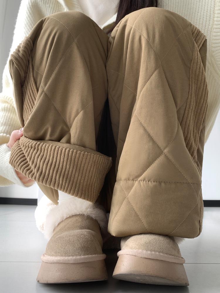 Women's Thick Fleece-Lined Patchwork Wide-Leg Winter Pants