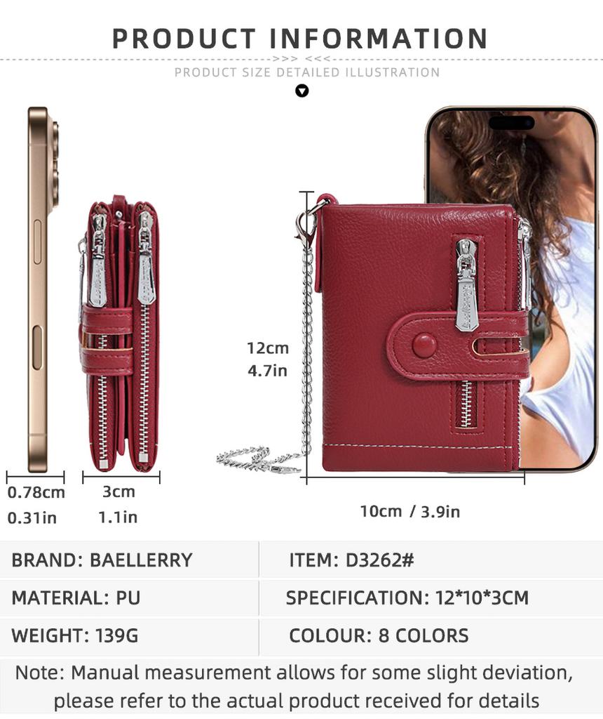 Women's Wallet with Keychain Strap Card Holder Coin Zip Pocket Ins Style Short Bifold Purse