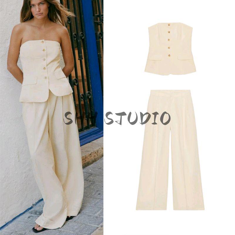 Button Vest Style off-the-Shoulder Tube Top Tops 5063731 High Waist Wide Leg Drape Pleated Pants 1255521