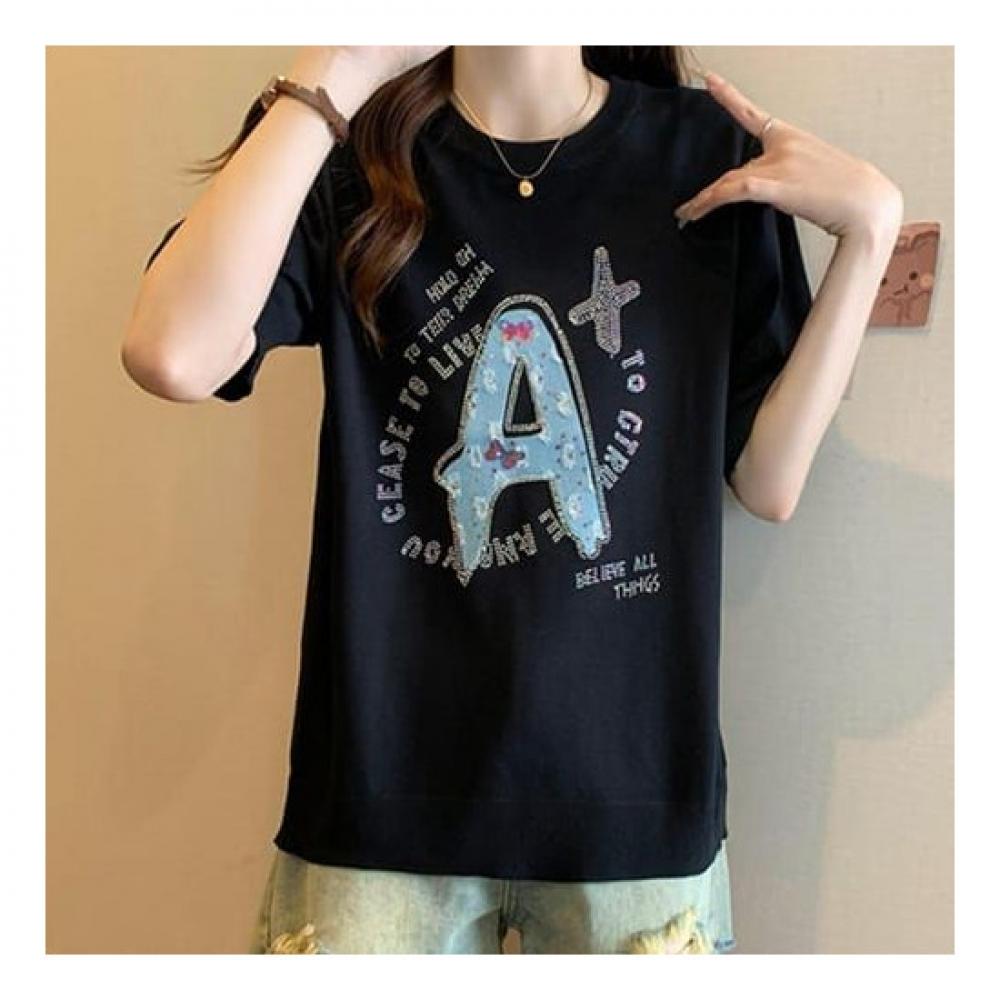 Navava Men AlphabeT Beads Loose FiT ShorT Sleeve KniT T shirT Nk2241
