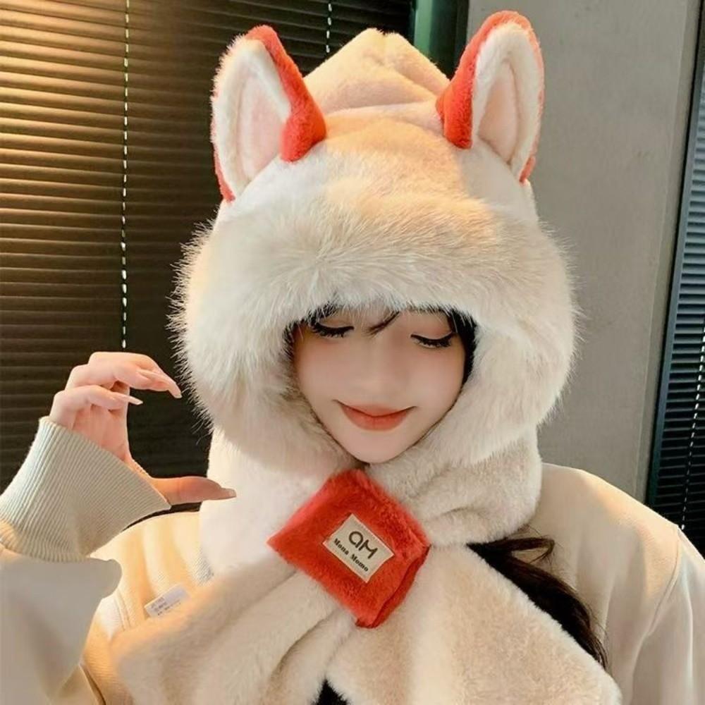 Thickened Plush Fox Ears Hat Warm Pullover Cap New Winter Hat Scarf Set Cold Weather
