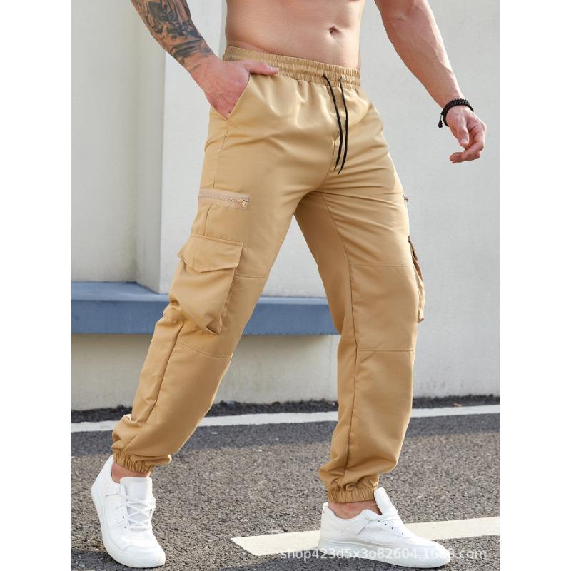 Men's Khaki Cargo Jogger Pants With Zipper Pockets