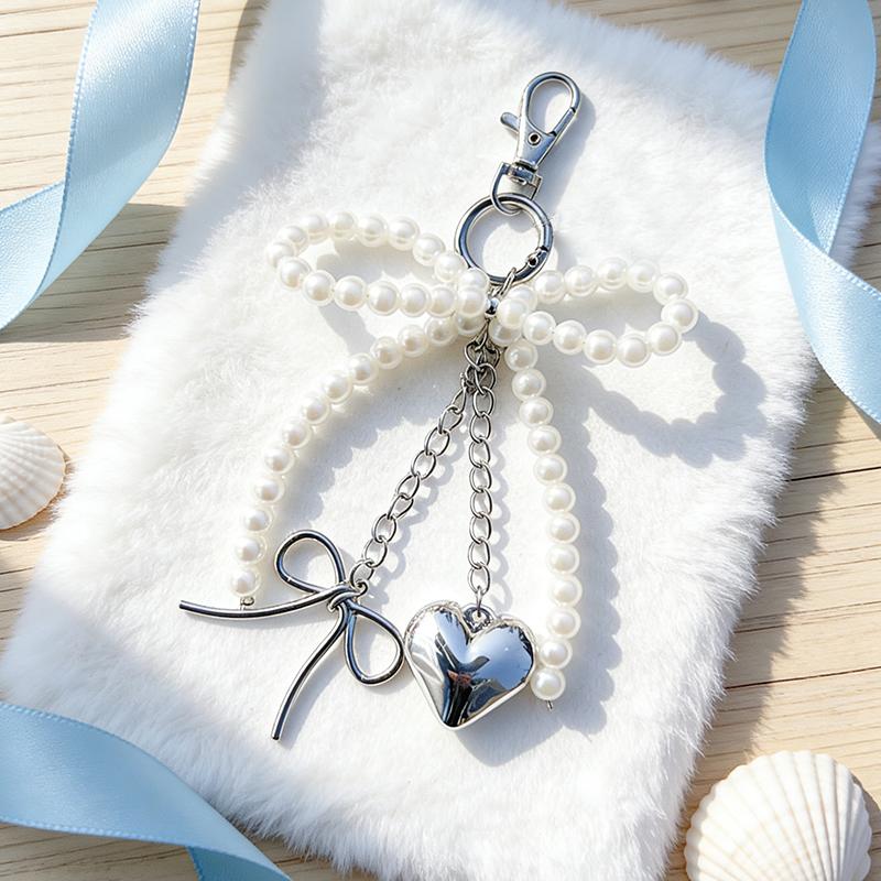Yogodlns Bowknot Heart Pendant Women Sweet Charm White Pearl Bow Backpack Bags Pendants Decoration Gifts