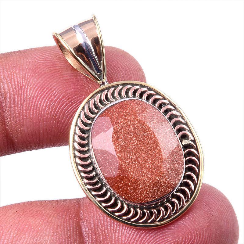 

Natural Sunstone Gemstone 925 Solid Sterling Silver Two Tone Pendant 1.50 n2C98