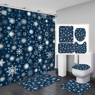 4Pcs Christmas Snowflake Series Shower Curtain Sets for Bathroom Non-Slip Bathroom Rugs Lid Toilet Cover Bath Mat