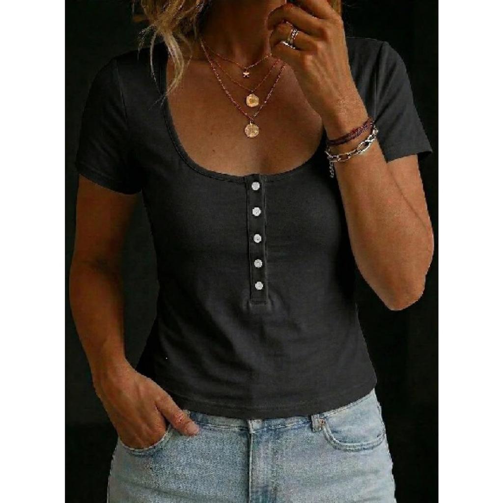 Summer Women's Solid Crop Top, Buttoned Square Neck Slim Fit Casual T-Shirt, Y2K Streetwear