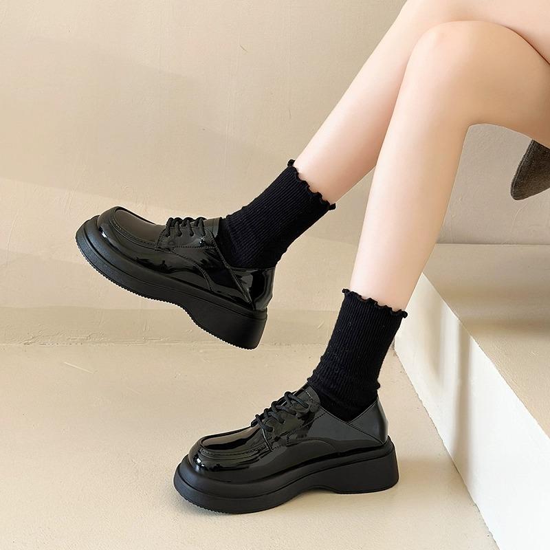 Zhongjia~ British Style Small Leather Shoes Women's 2025 Spring Single Shoes Academy Style Thick Sole Heightening Lace-up Loafers Women's Shoes
