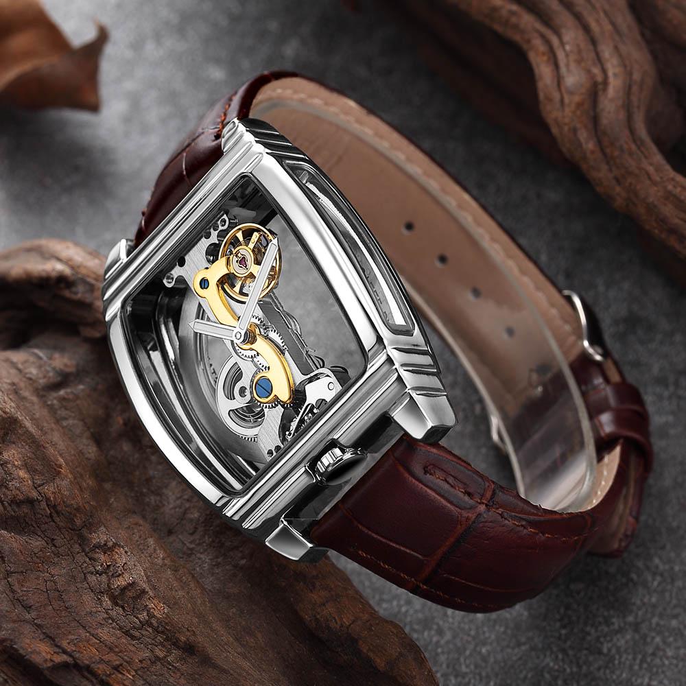 Reloj Mecánico Automático Transparente Hombre Steampunk Esqueleto Engranaje de Lujo Cuerda Automática Cuero Relojes de Hombre Montre Homme