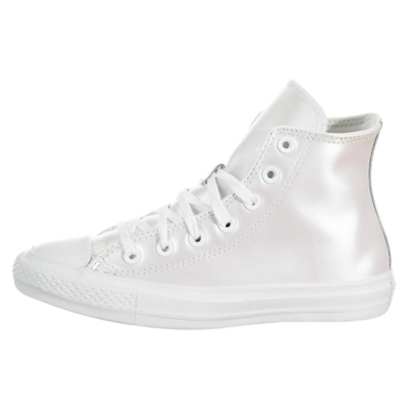 Converse Chuck Taylor All Star Iridescent Leather Non-slip and Abrasion Resistant High-Top Board Shoes Women's Silver White