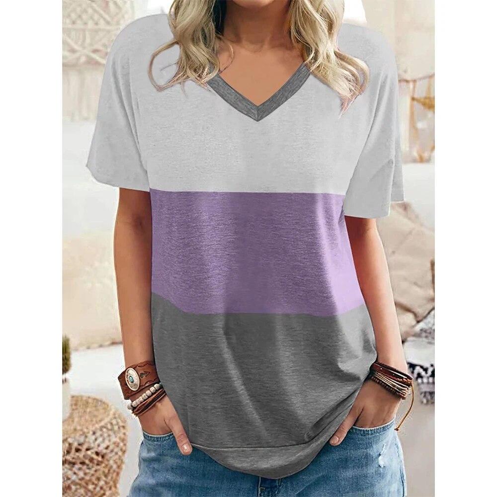 Tricou de damă, de modă simplă, cu decolteu în V, cu mânecă scurtă, cu dungi, tricou cu imprimeu pentru doamne, Harajuku, îmbrăcăminte largi, pulover pentru femei