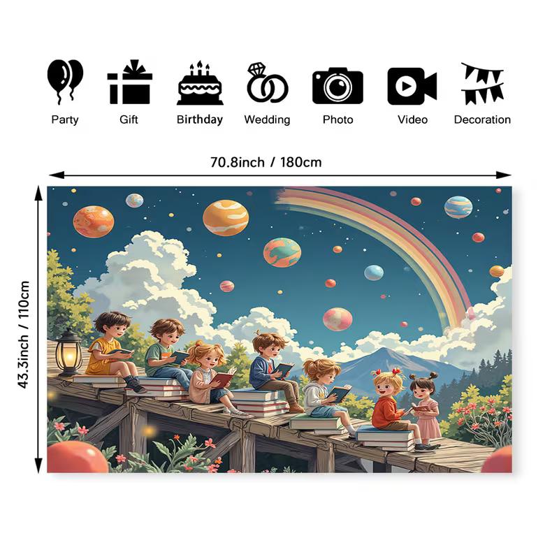 2D Children Reading Books Space Rainbow Background for Photoshoot