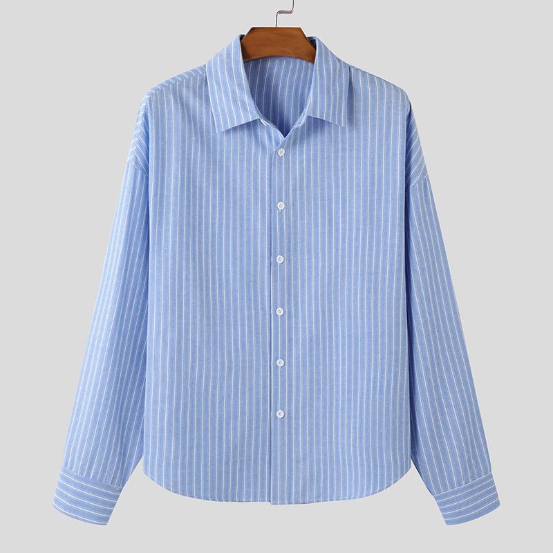 

INCERUN Мужские рубашки оверсайз с лацканами, длинным рукавом, в полоску, повседневные, свободные, топы XL синий