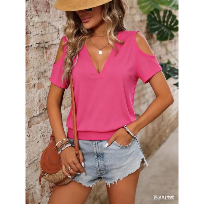 New summer off-shoulder V-neck crossover short-sleeved T-shirt loose casual comfortable solid color top for women