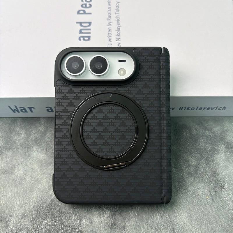 IPhone 18 Duo Foldable Phone Case With 360 Rotating Stand Magnetic Mid-Hinge Full-Body Leather Cover Anti-Drop Protection