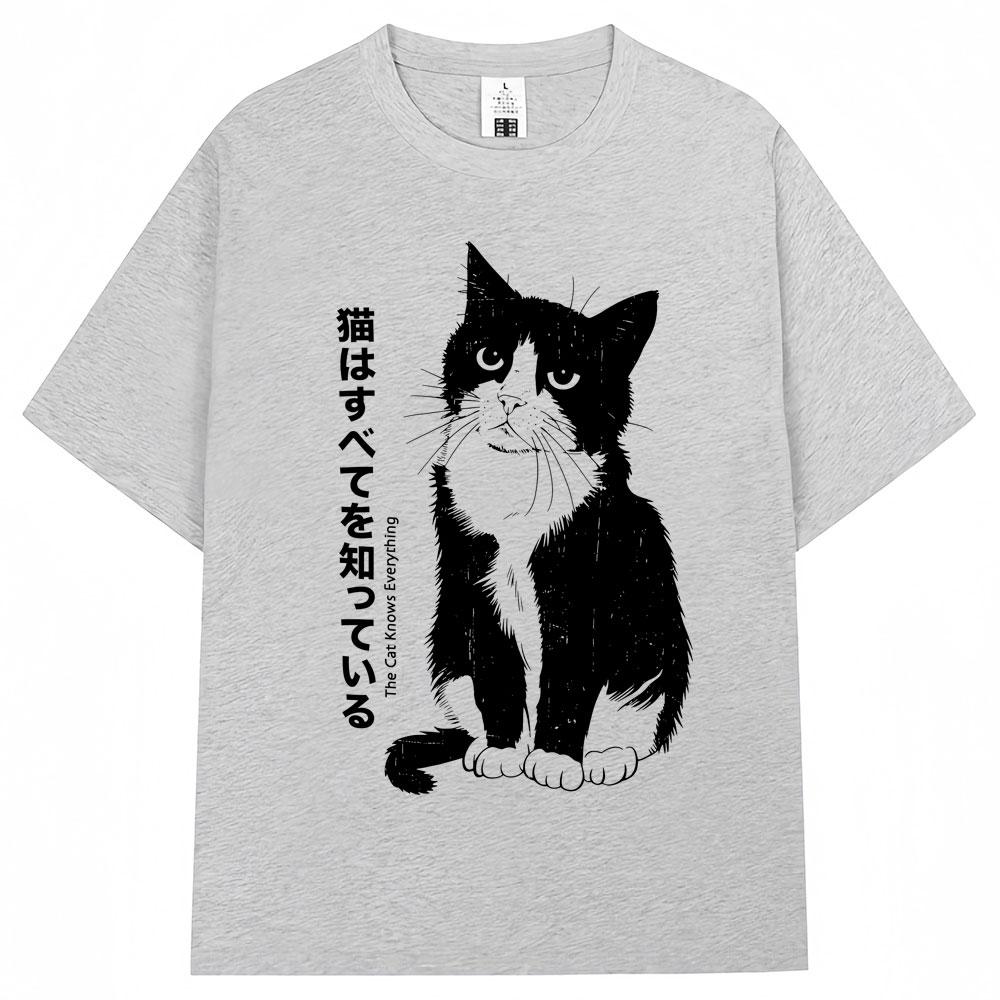 Japanese Style Funny Black Kawaii Cat Anime T Shirts Men Women Trendy Vintage Harajuku Tshirt Oversized Cotton Tees Streetwear