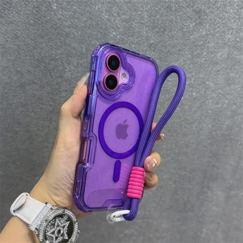 Třpytivé pouzdro s popruhem na zápěstí pro iPhone 16 1 14 Pro Max Plus 11 12 13 Magnetický řemínek Průhledný Bling kryt