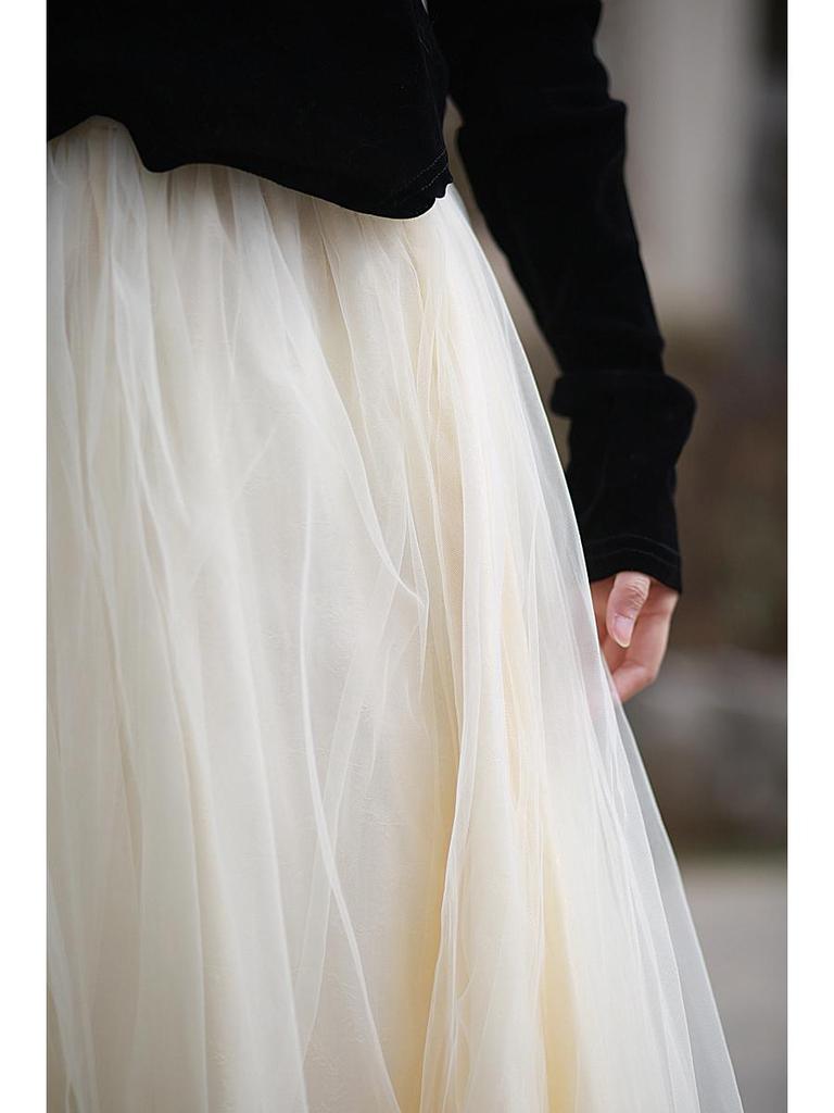 Jacquard Heavy Duty Mesh Midi Skirt: High Waist Large Swing Tulle Skirt