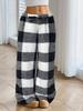Women Buffalo Plaid Fuzzy Wide Leg Pants Elastic Drawstring High Waist Fluffy Teddy Loungewear Trousers Winter
