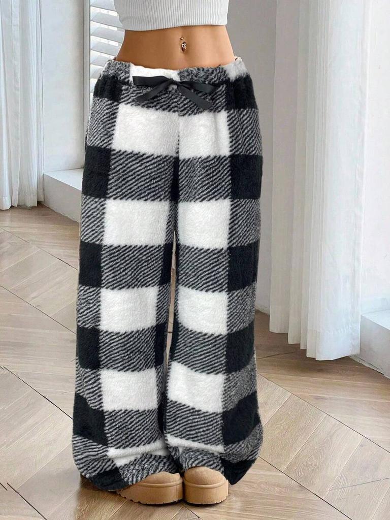Women Buffalo Plaid Fuzzy Wide Leg Pants Elastic Drawstring High Waist Fluffy Teddy Loungewear Trousers Winter