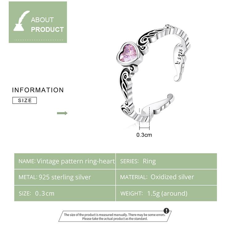 Bamoer 925 Sterling Silver Vintage Pattern Heart Ring for Women Adjustable Ring Fashion Jewelry