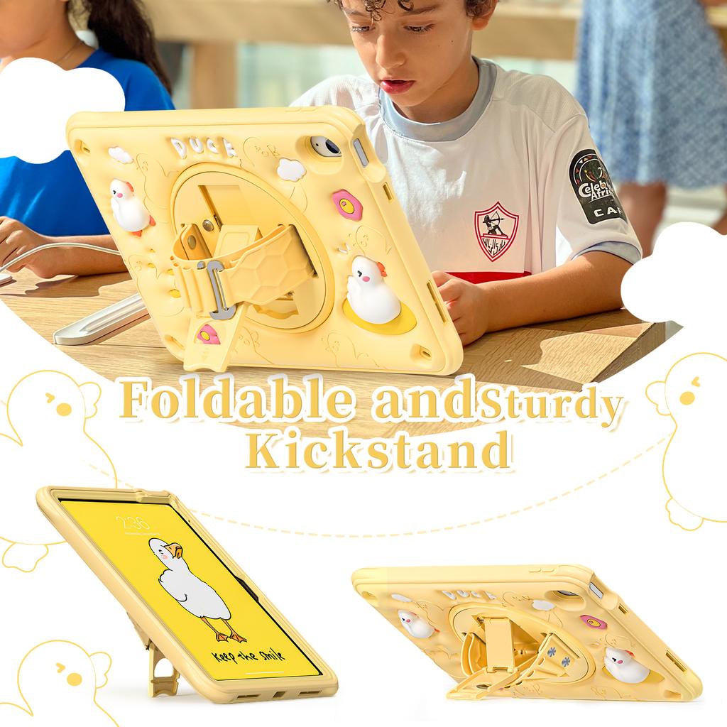 For iPad (2025)/10.9 (2022) Case Duck Pattern Hand Strap Kickstand PC+Silicone+TPU Tablet Cover