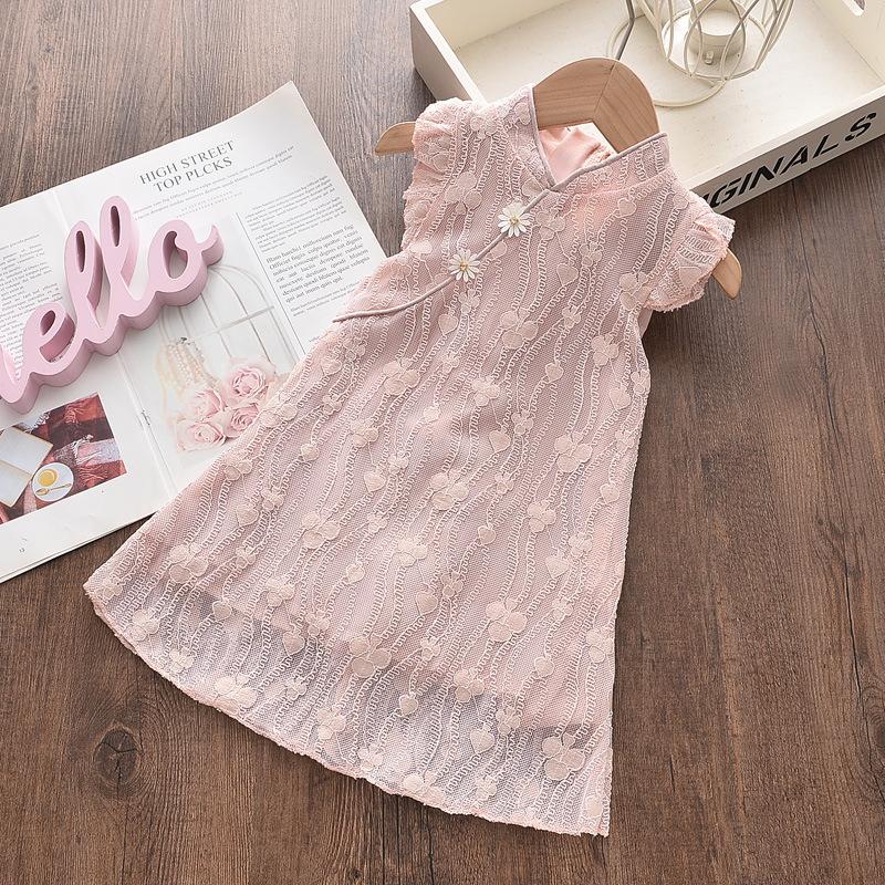 Summer Girls Sleeveless Lace Qipao Princess Dress Baby Girl Elegant Chinese Party Dress For Toddler Kids 90cm розовый