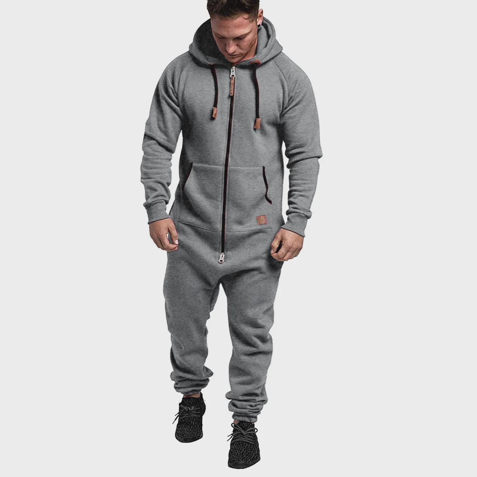 StrideBox Heren Eenvoudige Casual Fleece Jumpsuit met Capuchon 2XL lichtgrijze kleur