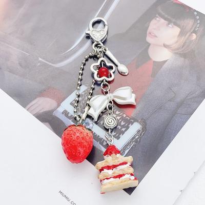 Fashion Unique Bow Heart Phone Charm Cute Creative Strawberry Cake Pendant Keychain Luxury Phone Lanyard Bag Phone Accessories
