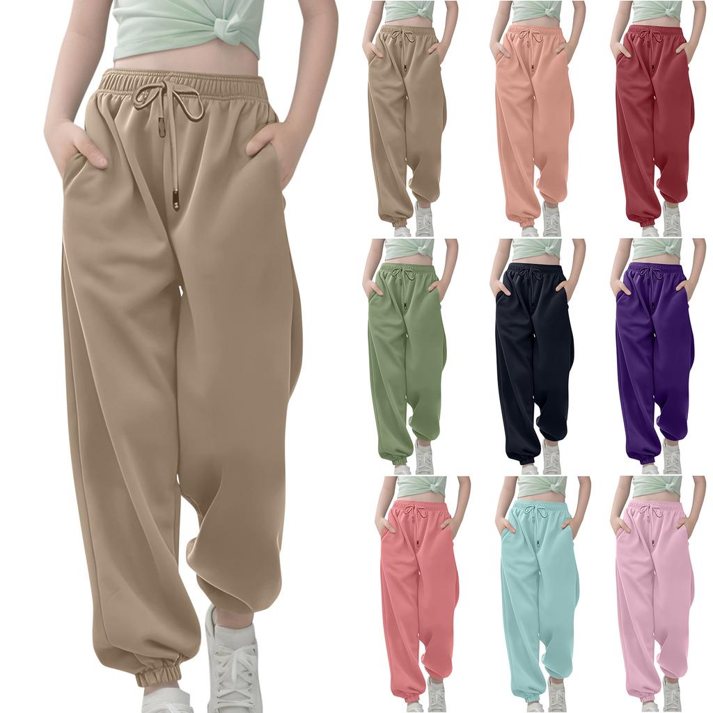 Children's Fashion Solid Color Sports Loose And Versatile Men's And Women's Middle And Large Children's Casual Drawstring Elastic Waist Strap Pants