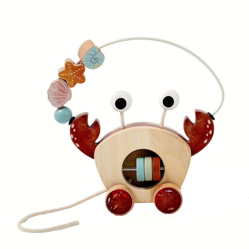 Wooden Crab Beading Toy With Beads And Drawstring, Wooden Wheels, Hand Eye Coordination Educational Toy