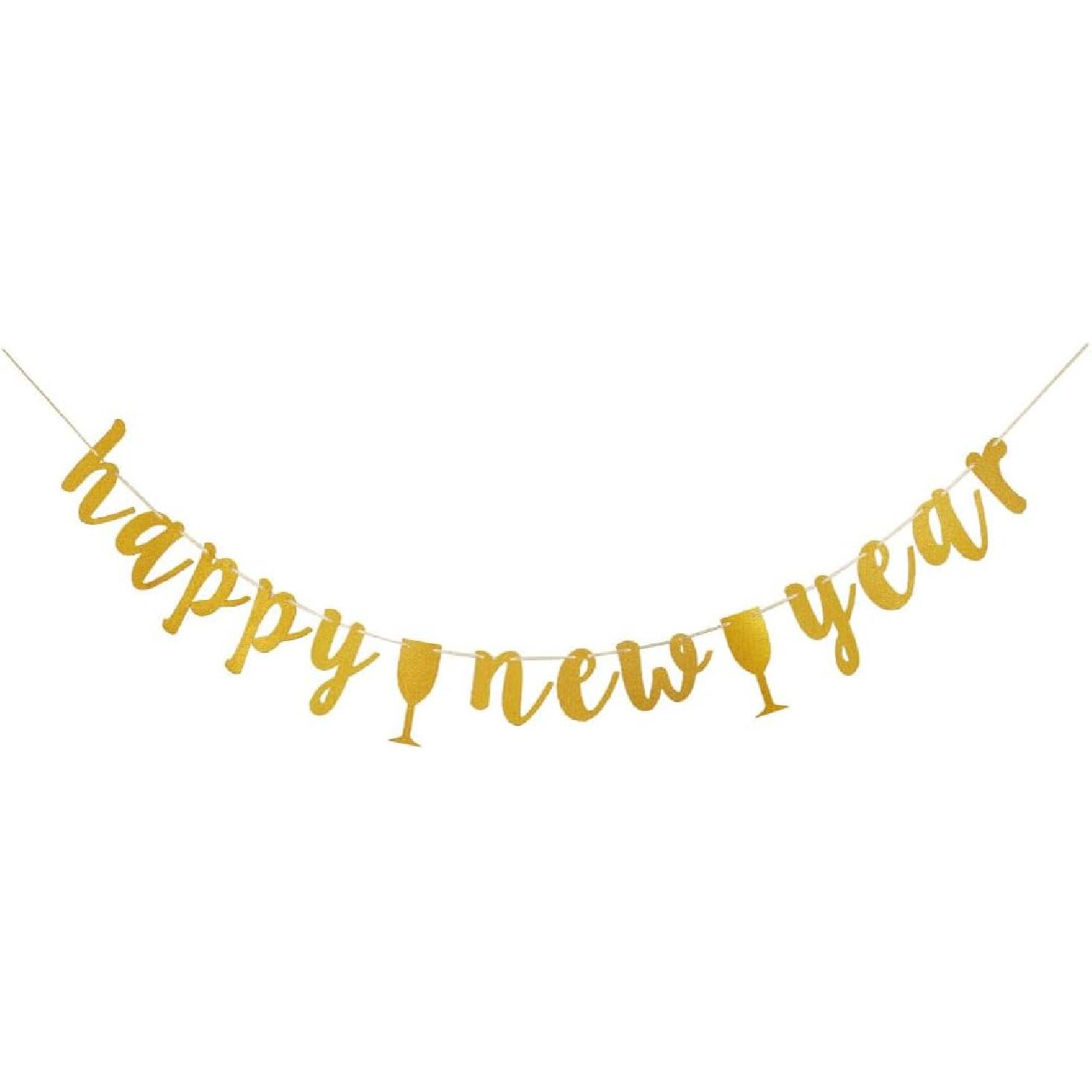 Happy New Year Banner, Cheers To 2026 Party Sign, 2026 New Year Eve/Holiday Party Bunting Garlands Decorations - Gold Glitter