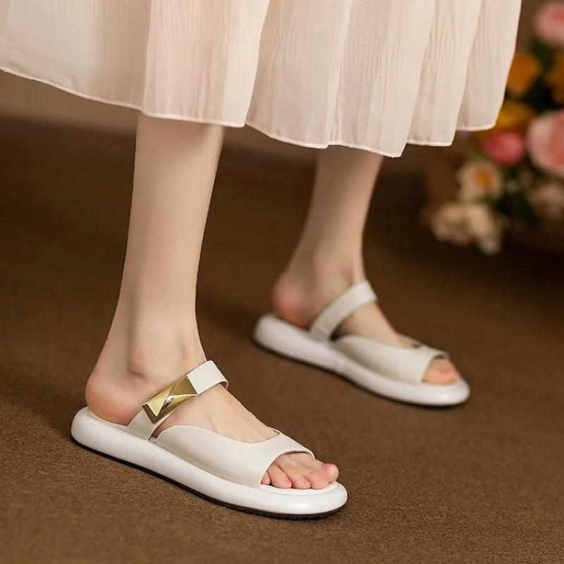 2025 New Women's Minimalist White Slide Sandals - Gold-Tone Buckle Flat Slippers with Cloud Comfort Sole