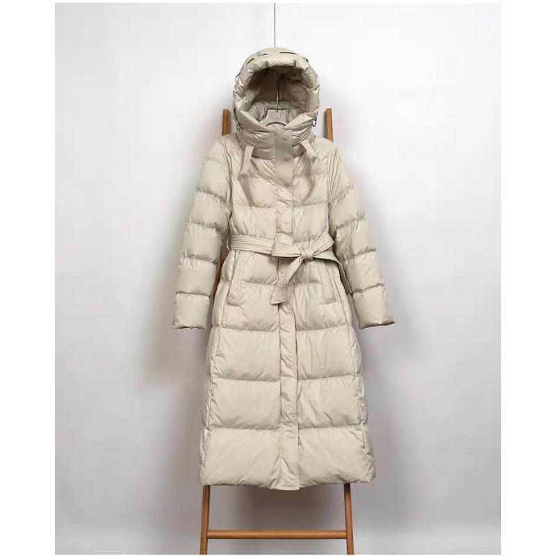 Autumn and Winter New Long Down Jackets for Women Over the Knee, Hooded Waist and Thin High-end Warm Jacket